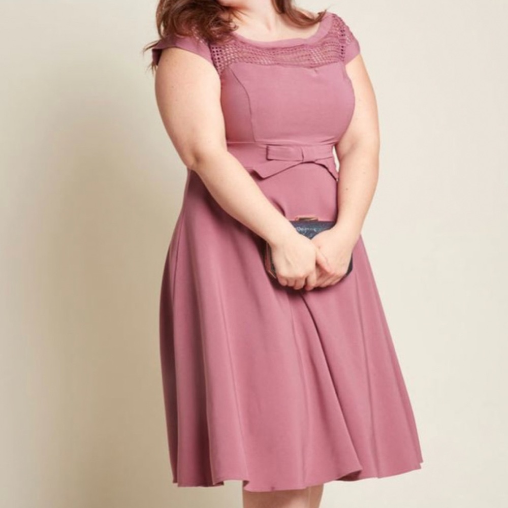ModCloth Mauve Midi Dress with Crochet Yoke and Bow Waist